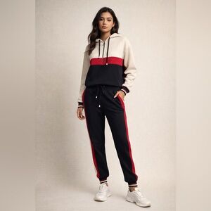 ZARA Colorblock Hooded Tracksuit Set – Sporty Chic Red Blue & Cream | XS/S